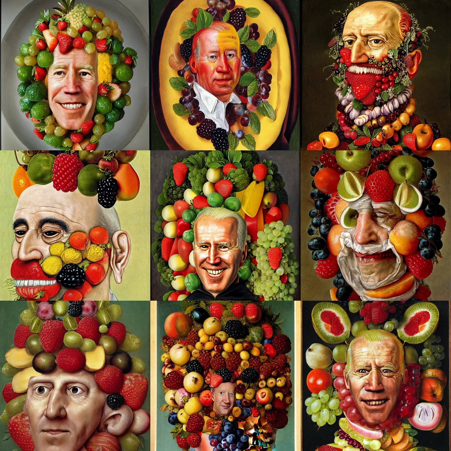 Prompt: a fruit salad with the face of joe biden, by giuseppe arcimboldo
