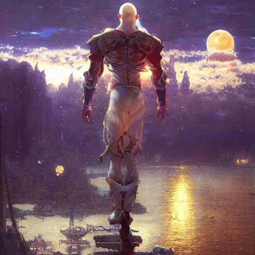 Image similar to saitama floating high in the night, fantasy, full moon in background. highly detailed painting by gaston bussiere, craig mullins, j. c. leyendecker, mid shot, 8 k realistic, cryengine, frostbite 3 engine, sharp focus