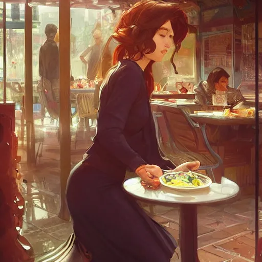 Prompt: a dinner date with the girl next door, slice of life, modern, realistic,!! looking at the camera!!, solo, first person pov, elegant, highly detailed, digital painting, artstation, concept art, matte, sharp focus, illustration, art by artgerm and greg rutkowski and alphonse mucha