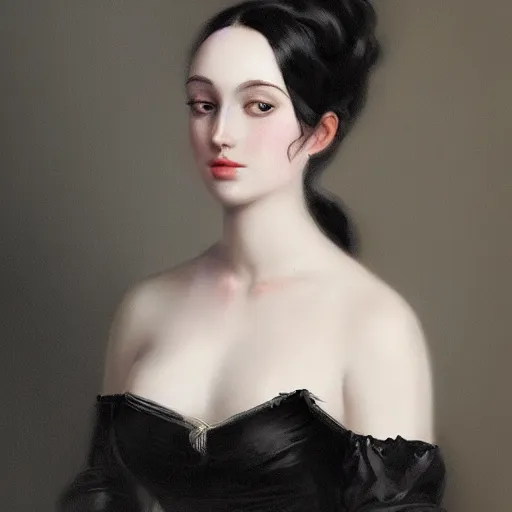 Prompt: a beautiful young woman, pale skin, black long hair, aristocrat, black expensive dress from 1 8 6 0, oil painting, digital art, studio photo, realistic, artstation, high quality, wild west