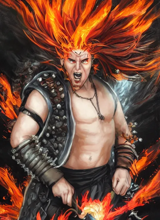 Prompt: An epic fantasy comic book style portrait painting of young man with red spiked long hair, using an orange lens googles. Wearing white shirt, a black waistcoat, brown pants and black boots. He is throwing a wild fire blast from his hands, with a vicious smile in face. Unreal 5, DAZ, hyperrealistic, octane render, cosplay, RPG portrait, dynamic lighting