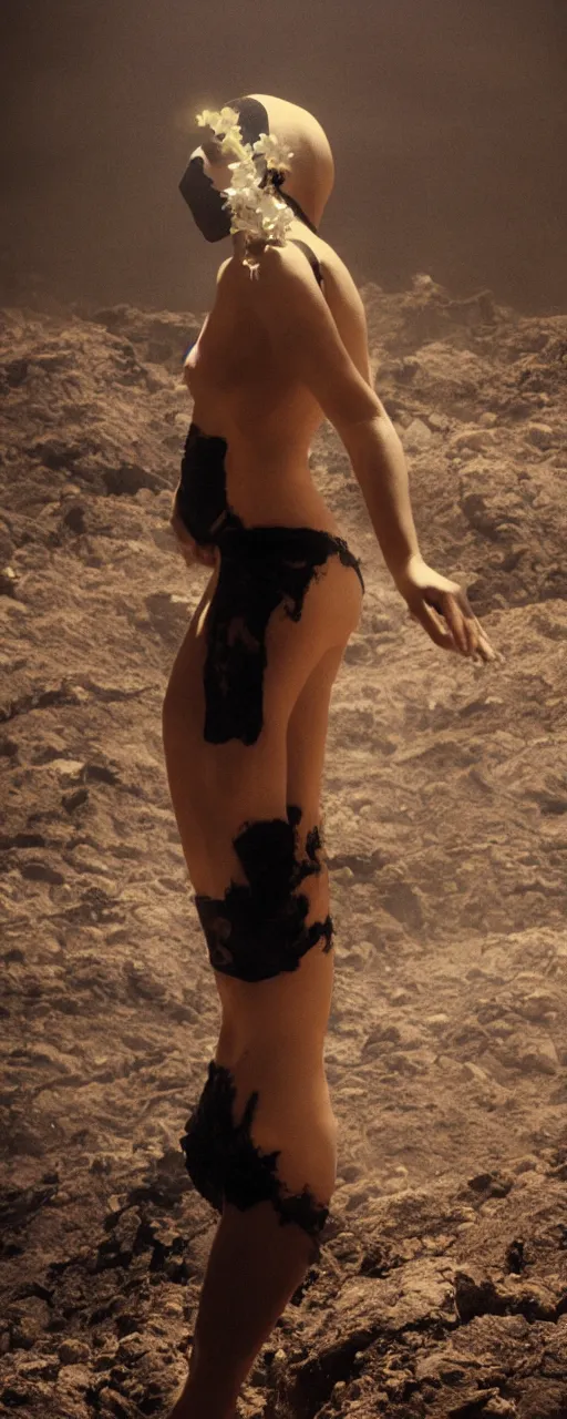 Image similar to The full body shot of beautiful pale woman with white flowers and full-face golden mask inside a thick black smoke in rocky desert landscape, glowing eyes everywhere, burning earth by Gaspar Noe and Christopher Doyle, anamorphic lens, anamorphic lens flares, kodakchrome, cinematic composition, practical effects, award winning photo, 8k