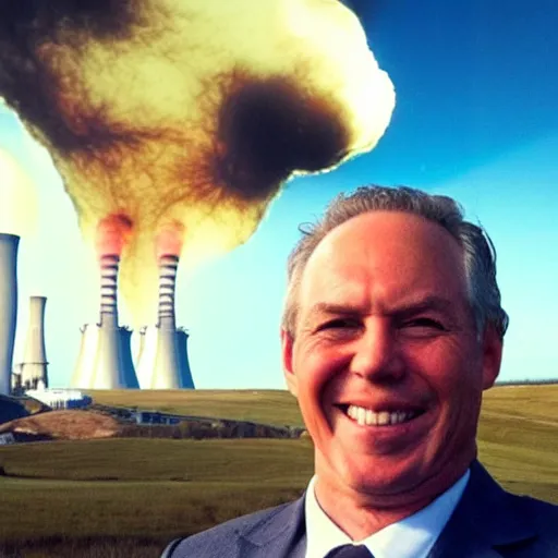 Image similar to a man smiling, in the background is a nuclear reactor which is exploding, hyper realistic, selfie, very detailed.