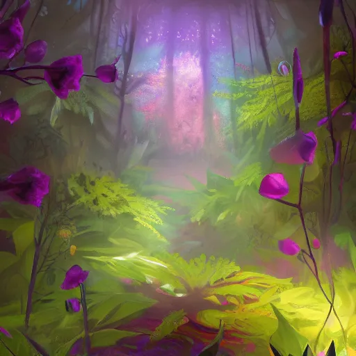 Image similar to hidden flower in dark forest, dense jungle, colorful flower, color palette, painting, mysterious, beautiful, magic the gathering, artstation award