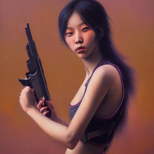 Prompt: a ultradetailed beautiful painting of a girl holding a gun on rio de janeiro by cheng hsiao - ron, ngai victo, jean delville by wlop and dougherty patrick, trending on artstation, sci fi, futurism, post capitalism, octane rendering, sharp focus