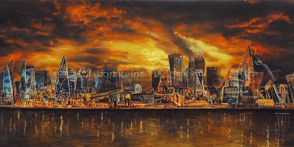 Prompt: oil painting of the london skyline, highly detailed, dramatic lighting, intense shadows, rich deep colours, by salvador dali