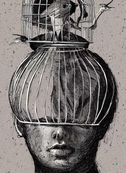 Image similar to a person with a birdcage instead of head by frank frazzetta