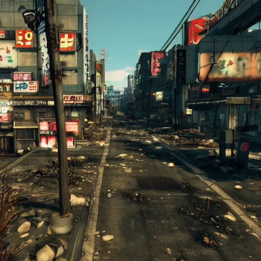 Image similar to Kabukicho, Tokyo in ruins post-nuclear war in Fallout 4, in game screenshot