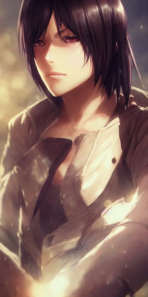 Image similar to mikasa ackerman, hero pose, medium shot, bokeh, beautiful face!!!!, 2 7 years old, cg animation, lifelike, animated, realistic, character select portrait, by artgerm, greg rutkowski, alphonse mucha, 3 d