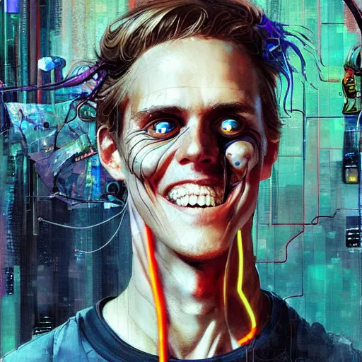 Image similar to zach greinke smiling as a cyberpunk hacker, wires cybernetic implants, in the style of adrian ghenie, esao andrews, jenny saville, surrealism, dark art by james jean, takato yamamoto