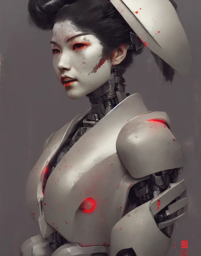 Image similar to portrait of a geisha robot by greg rutkowski and ruan jia, mecha, washed colors, dark, gloomy, matte painting, unreal engine 5