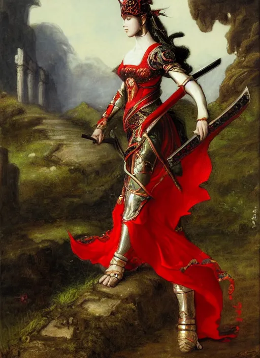 Image similar to woman in dark and red princess dragon armor, she is holding a katana sword, walking on the mystical ancient ruins. by william henry hunt