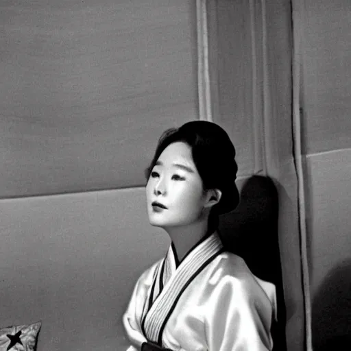 Image similar to The 1960s actress Choi Eun-Hee in a hanbok sitting on a couch, the room is dimly-lit and a starfish\'s arm reaches through the window, minimal cinematography by Akira Kurosawa, movie filmstill, 1950s film noir, thriller by Kim Jong-il and Shin Sang-ok, abstract occult epic composition