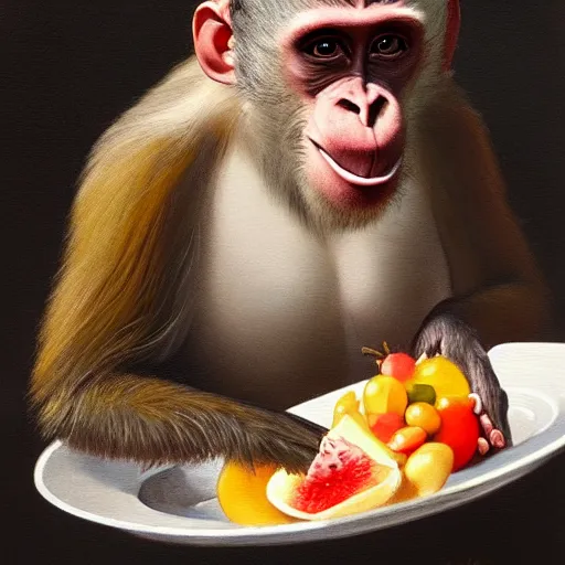 Image similar to a beautiful painting of a happy monkey with a plate full of fruits on top of its head, 4 k, detailed, artstation, 4 k, by greg rutkowski,