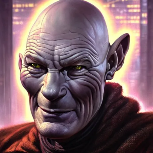 Prompt: portrait painting of a cyberpunk orc doctor who looks like patrick stewart, ultra realistic, concept art, intricate details, eerie, highly detailed, photorealistic, octane render, 8 k, unreal engine. art by artgerm and greg staples and elsa beskow and brian froud and jessica rossier