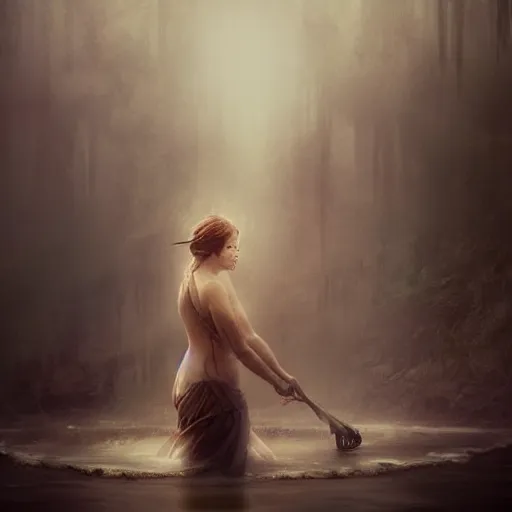Prompt: a person in a costume standing in a body of water, a character portrait by bastien lecouffe - deharme, trending on cgsociety, fantasy art, angelic photograph, apocalypse art, national geographic photo