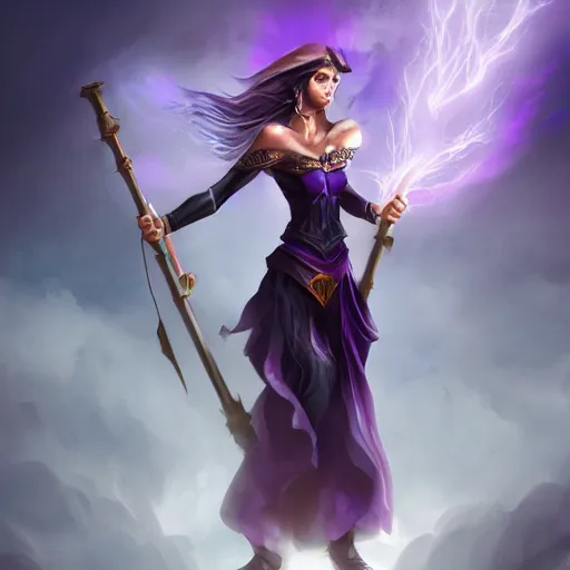 Image similar to a woman in a purple dress holding a staff and dark magic, storm and rain behind her, action scene, magical concept art, artstation contest winner, fantasy art, dark and mysterious, artstation hd, 1 2 0 mm lens, hero pose, detailed, 8 k, digital art