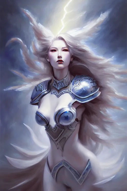 Prompt: oil painting, white, sakimi chan, fantasy armor, detailed face, flying, tony sart, wind, lightning, dramatic lighting