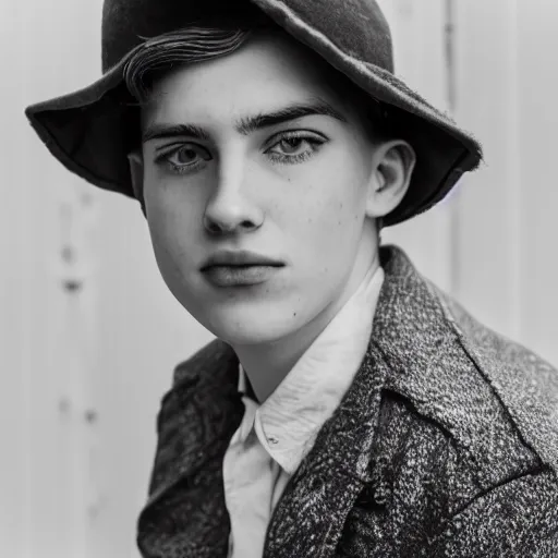Prompt: close up of 1 8 year old man with wavy / curly light blonde hair, blue eyes, pale complexion, wearing 1 9 5 0 s clothing, 8 5 mm f / 1. 4