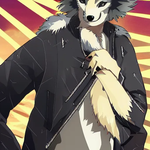 Image similar to key anime visual portrait of an anthropomorphic anthro wolf fursona, in a jacket, with handsome eyes, official modern anime art