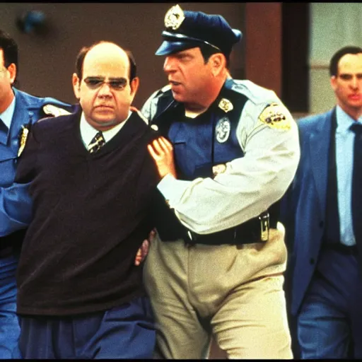 Prompt: 8k photo George Costanza being arrested by Kramer on an episode of Seinfeld,