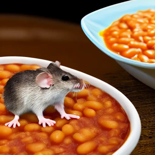 Prompt: mouse in baked beans, 4k realistic photo