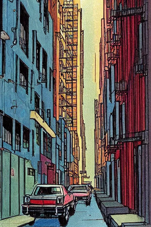 Prompt: a 2D drawing of an alley in New York in 1980s, colorful and beautiful by hiroshi yoshida