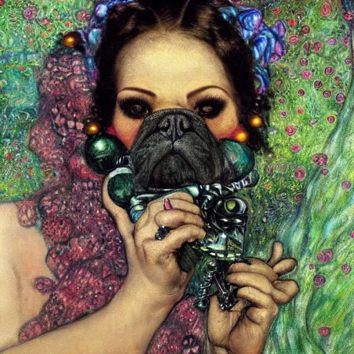 Image similar to pug caterpillar smoking hooka in wonderland, intricate detail, painting, jazz age, klimt, royo, frazetta, whealan,