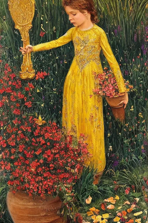 Image similar to girl waer detailed golden arabesque dress with a lot of narcissus in persian pot, painting by alberto mielgo