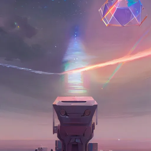 Image similar to greg rutkowski, beeple, a painting by ralph mcquarrie of floating molecules and icosahedron with stars, clouds, and rainbows in the background, trending on artstation, masterpiece, incredible details