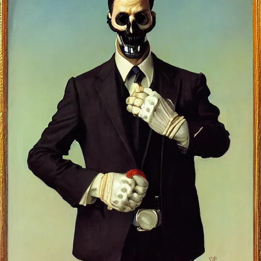 Image similar to portrait of a suited man with gloves and a skull mask, by Gerald Brom and Norman Rockwell