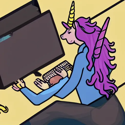 Image similar to unicorn working in an office typing on computer, fantasy, detailed, high quality, artstation contest winner