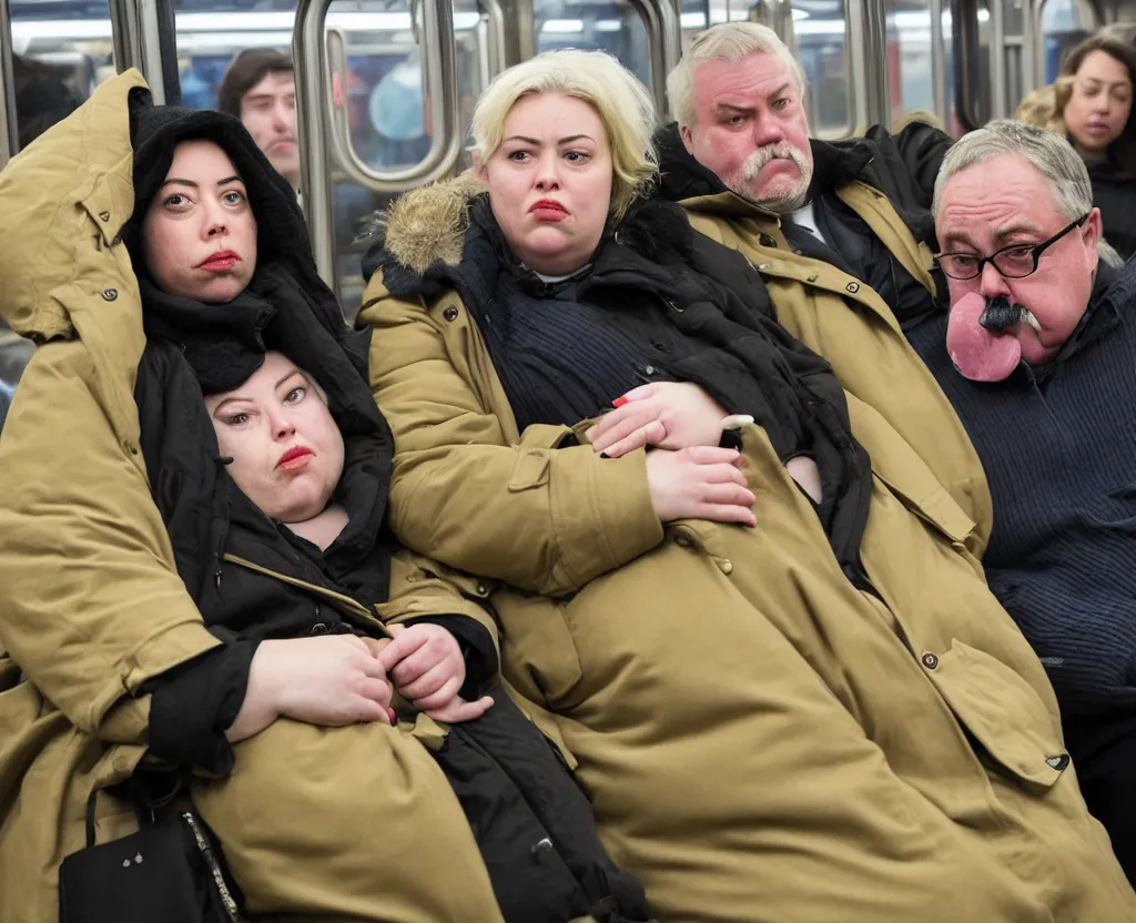 Image similar to a sad woman in a parka who looks like a cross between Chloe Sevigney and Aubrey Plaza, sits next to a slightly overweight friendly middle-aged German businessman, with short blond hair and a mustache, in a Chicago subway train, medium shot from a 3/4 angle, showing full figures, drawn in the style of Daniel Clowes and Adrian Tomine and Gabrielle Bell