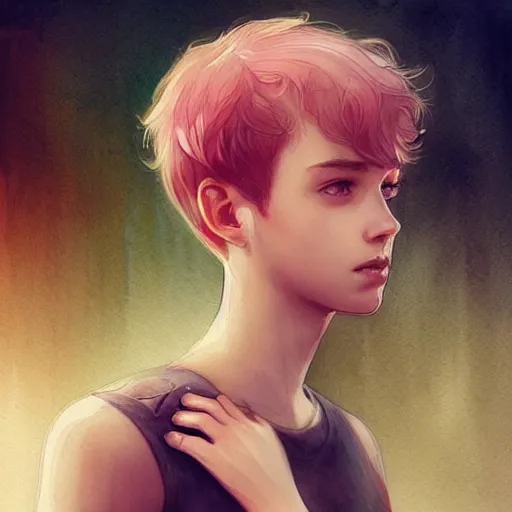 Prompt: young boy, short pink hair, light eyes, gorgeous, amazing, delicate, elegant, intricate, highly detailed, watercolor, portrait, artstation, concept art, sharp focus, illustration, art by charlie bowater and Ross tran
