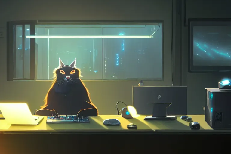 Image similar to a nerdy caracal is programming at a computer in a room full of gadgets, by makoto shinkai and ghibli studio, dramatic lighting, highly detailed, incredible quality, trending on artstation