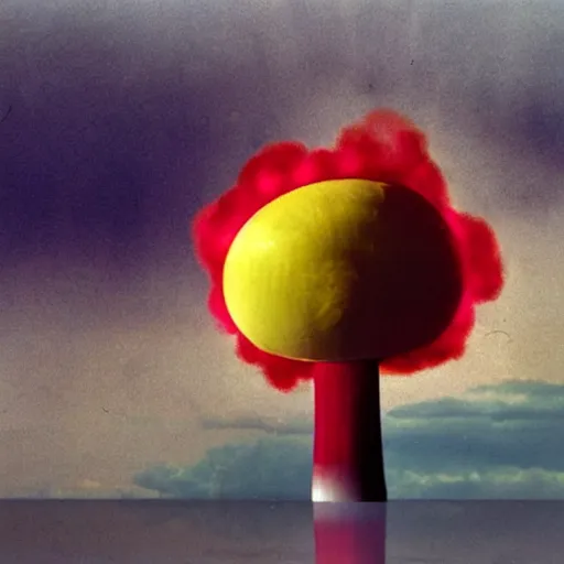 Prompt: an atomic explosion mushroom cloud that looks like a clown and is made of many smaller clowns recursive