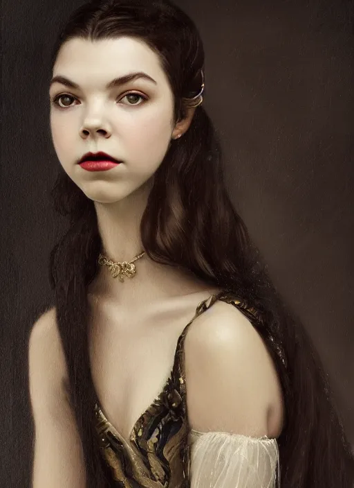 Image similar to a portrait of an elegant beautiful dark bohemian vampire woman, smooth face, glamour shot, (young Anya Taylor-Joy), bored, illustration, dramatic lighting, soft details, painting oil on canvas, art nouveau, octane render, HDR, 4k, 8k, HD, by Edmund Blair Leighton, Brom, Charlie Bowater, trending on artstation,