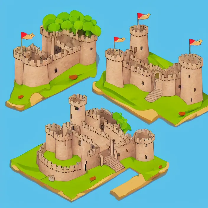 Image similar to isometric cartoon art of a small castle, white background