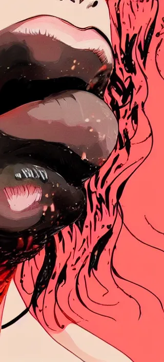 Image similar to extreme closeup of swirling, thick smoke from a young woman's mouth, closeup!!, thick swirling smoke everywhere, by conrad roset, brush strokes, trending on artstation