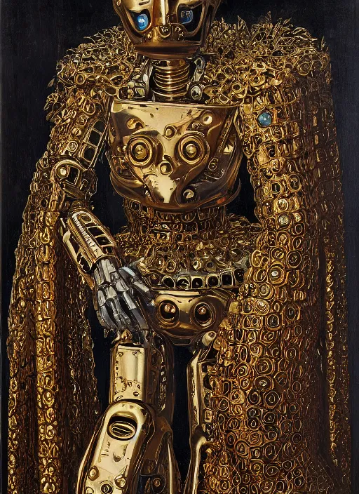 Image similar to a portrait of a shiny metallic renaissance steampunk robot, in the style of Jan van Eyck,