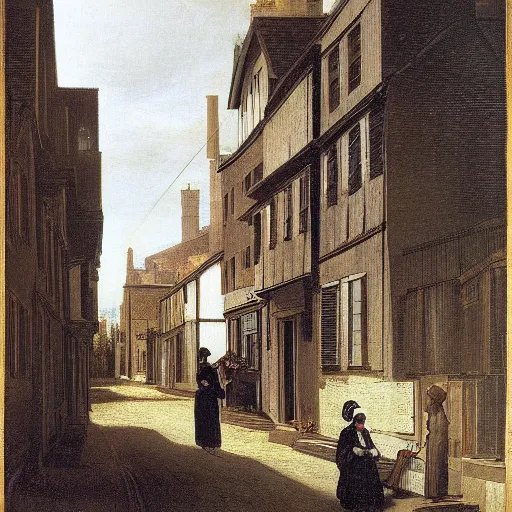 Prompt: a Victorian street in 1840, Morris Mini, by Caravaggio
