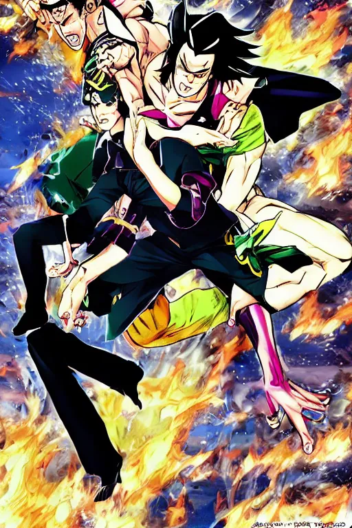 Image similar to manga cover of jotaro kujo fighting dio, shounen jump, art by hirohiko araki, japanese comic book, art by keisuke itagaki, modern fashion outfit, dynamic poses, action poses, muscular characters