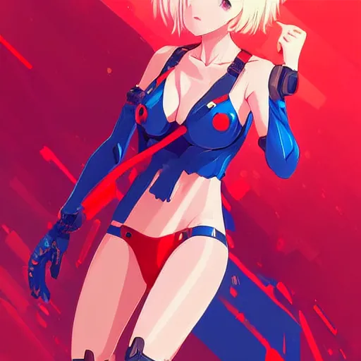 Image similar to digital anime art. cute girl. red mech arms and red mech legs. blue eyes!!!. gold short hair!!!. red bikini. full body!!!. wlop, rossdraws