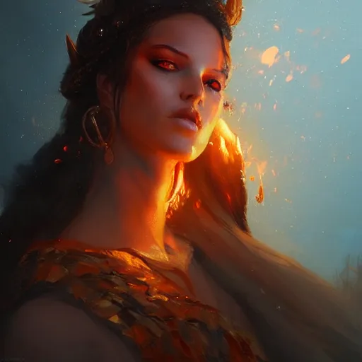 Image similar to a beautiful portrait of a fire goddess by greg rutkowski and raymond swanland, trending on artstation, flaming background, ultra realistic digital art