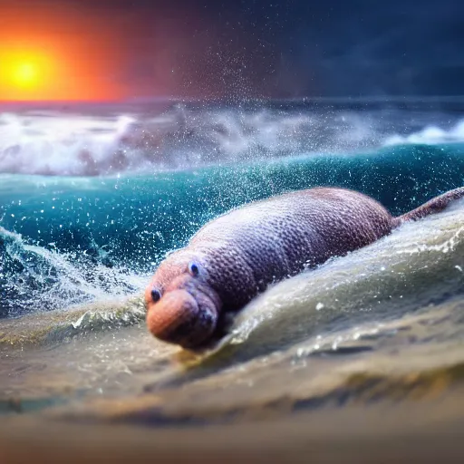 Image similar to a closeup photorealistic photograph of a knitted tiger hippopotamus plush toy riding an epic wave during sunset. surf in the background. professional capture. brightly lit scene. this 4 k hd image is trending on artstation, featured on behance, well - rendered, extra crisp, features intricate detail, epic composition and the style of unreal engine.