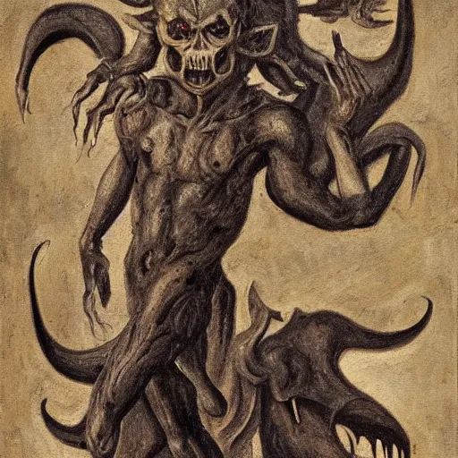 Image similar to demonic figure, oil painting, hell and nightmare, 1 5 0 0 s