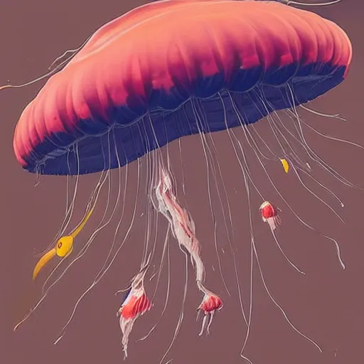 Prompt: Giant jellyfish fly through the air, as a tornado approaches, by Takashi Murakami, Edward Hopper, Bo Bartlett, and Cynthia Sheppard, Artstation