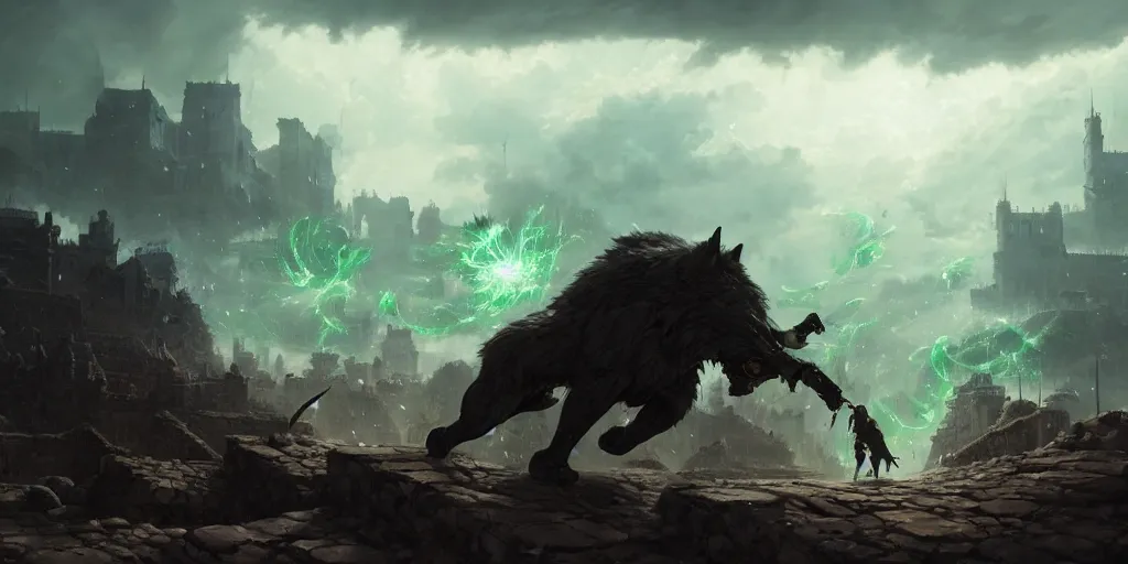 Image similar to An epic battle inside a walled city. Giant wolf is attacked by green lasers, magic barrage, raining, epic. In style of Greg Rutkowski, Jesper Ejsing, Makoto Shinkai, trending on ArtStation, fantasy, great composition, concept art, highly detailed, scenery, 8K, Behance.