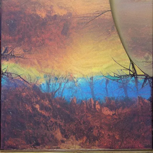 Image similar to a gorgeous landscape by lars boingo, oil on canvas. viewed through a cracked lens.