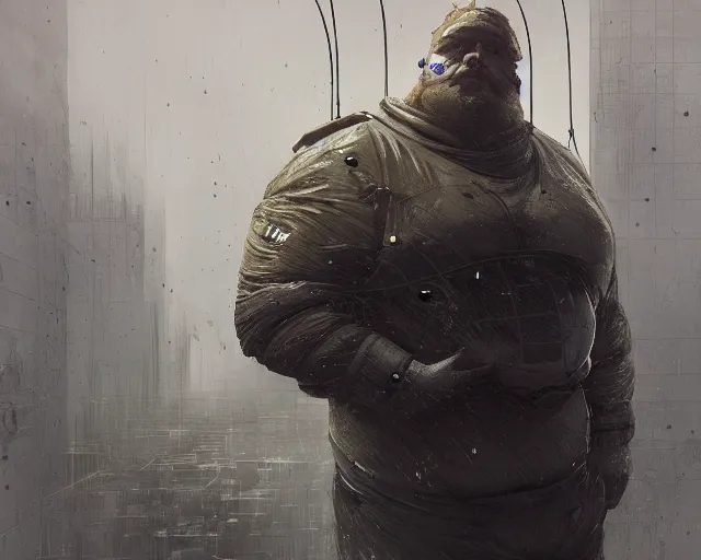 Image similar to portrait of a fat man sci fi soldier ranger, brutalist city architecture, dark epic, cables and wires, high details, ceremonial clouds, dripping paint, fibonacci rhythm, artstation, art germ, wlop, karol bak, christopher balaskas, sabbas apterus, award - winning, artstation